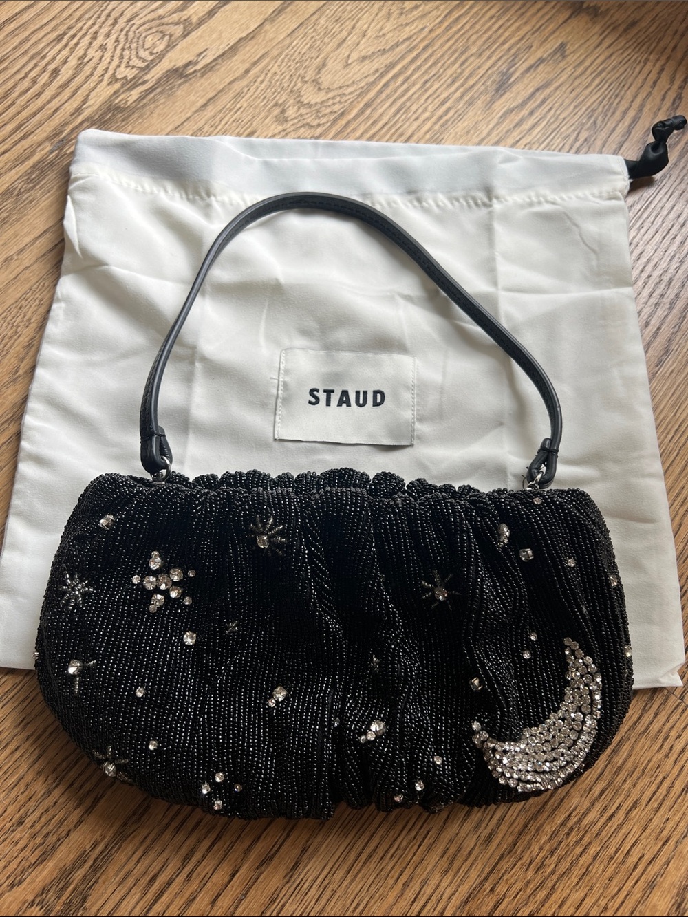 NWOT Staud Black Beaded Bean Purse with Rhinestone Moon and Stars